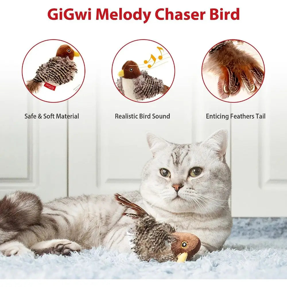 Interactive Automatic Chirping Bird Cat Toy With Feather Tail