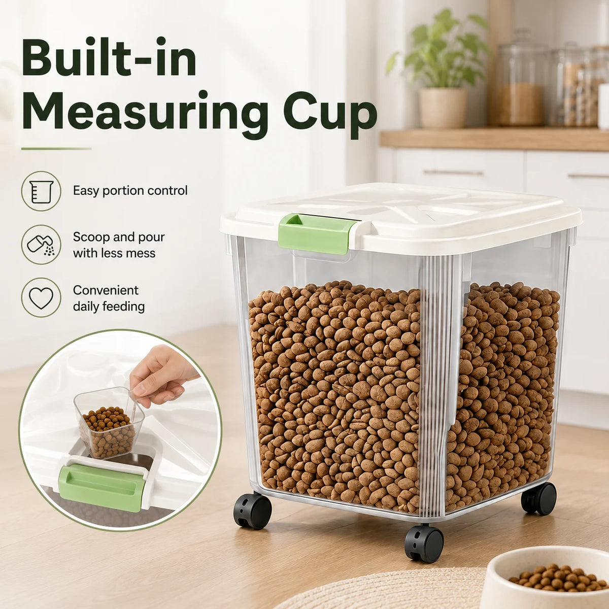 Airtight Rolling Pet Food Storage Container With Measuring Cup