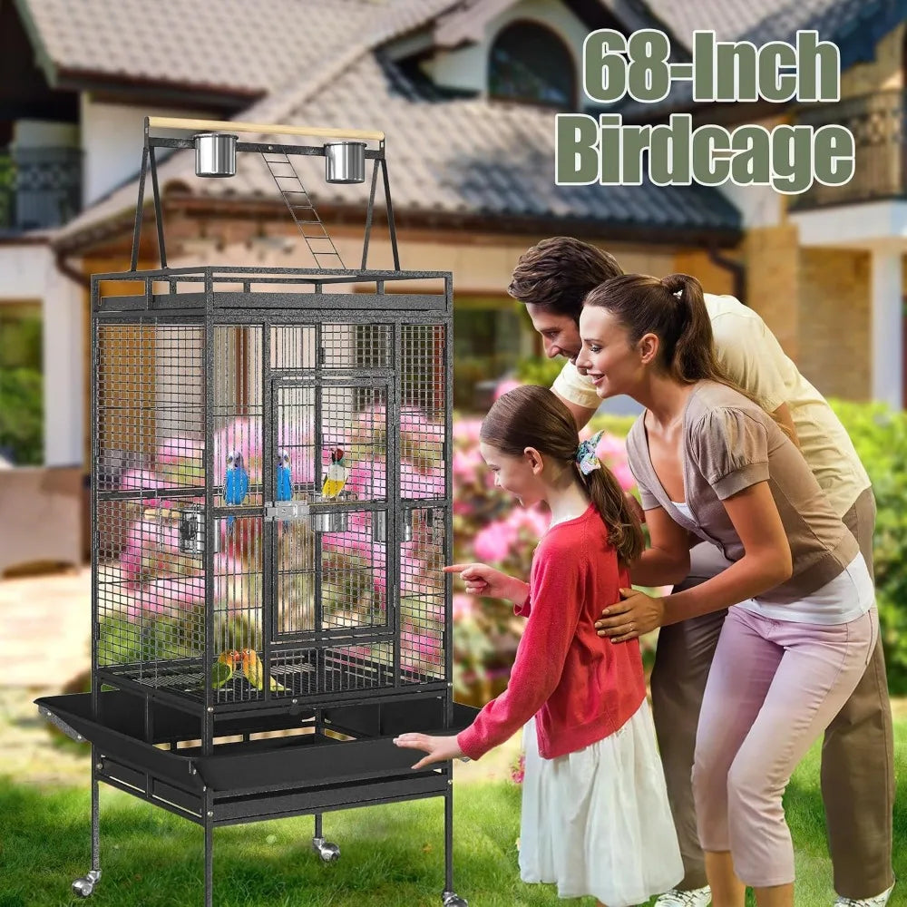 Wrought Iron Parrot Bird Cage With Playtop And Rolling Stand
