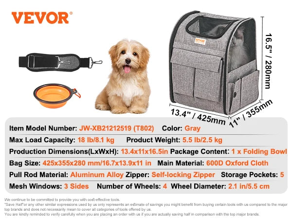 Wheeled Pet Carrier Backpack With Telescopic Handle For Pets