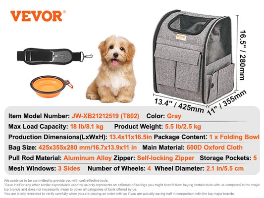 Wheeled Pet Carrier Backpack With Telescopic Handle For Pets