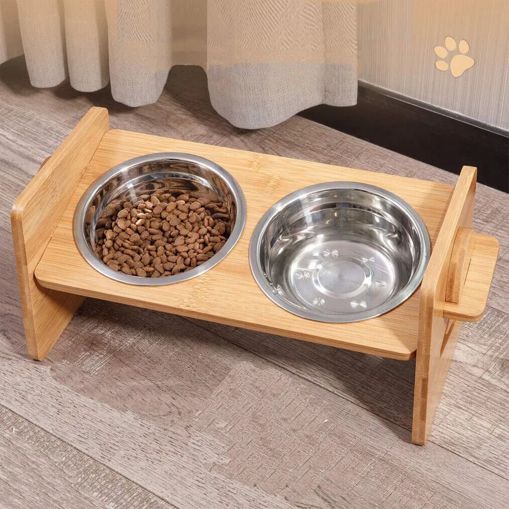 Adjustable Wooden Raised Cat Bowls With Stainless Steel Dishes