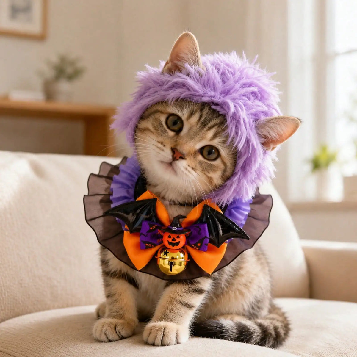 Halloween Cat Costume Set Plush Hat And Bat Bow Tie