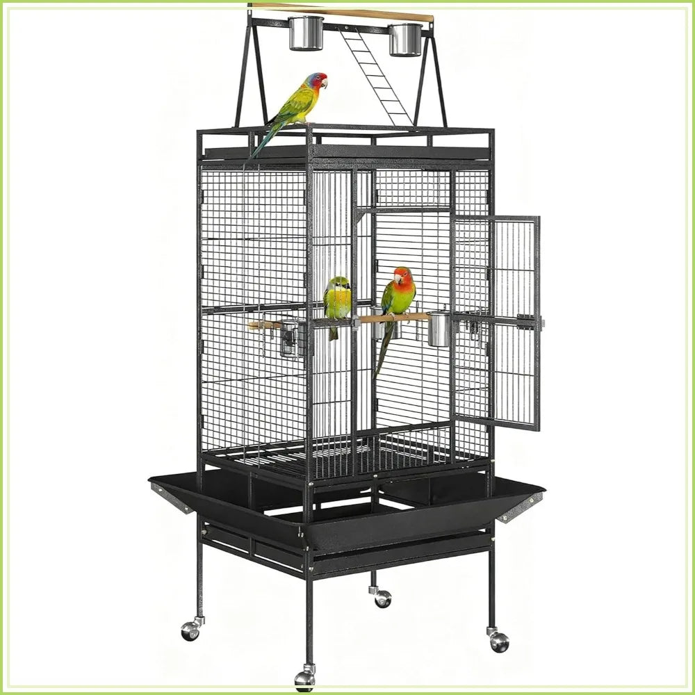 Wrought Iron Parrot Bird Cage With Playtop And Rolling Stand