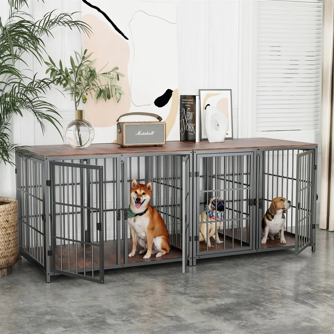 Bingopaw Wooden Dog Crate Furniture Side Table with 4 Doors