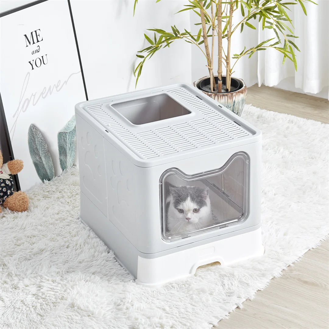 Foldable Enclosed Cat Litter Box With Portable Scoop Drawer