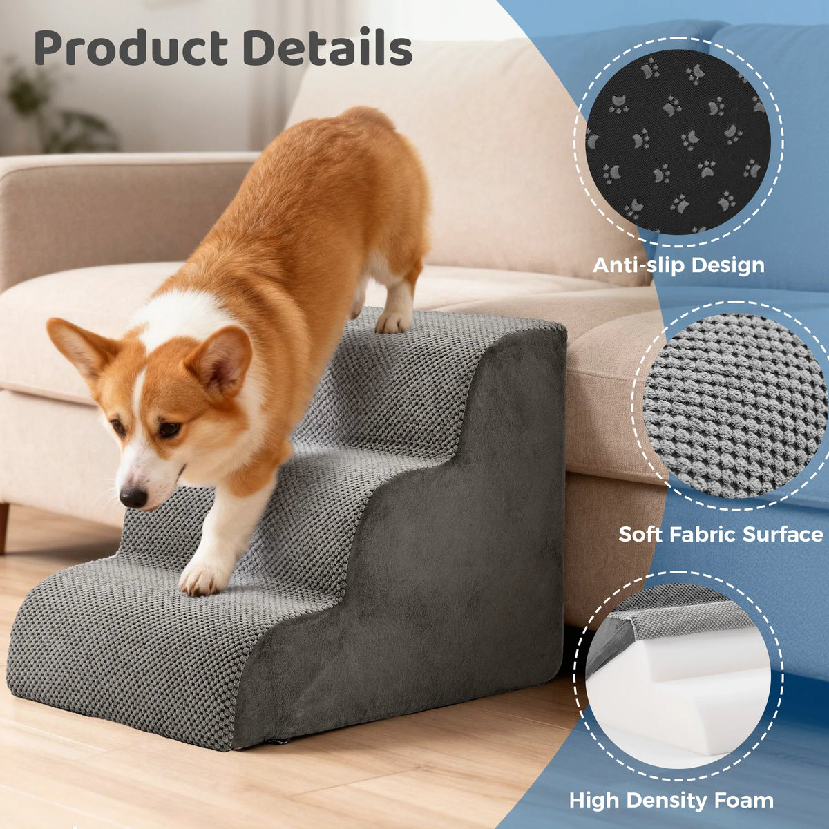 JHK Curved Design High Density Foam Dog Stairs Ramp