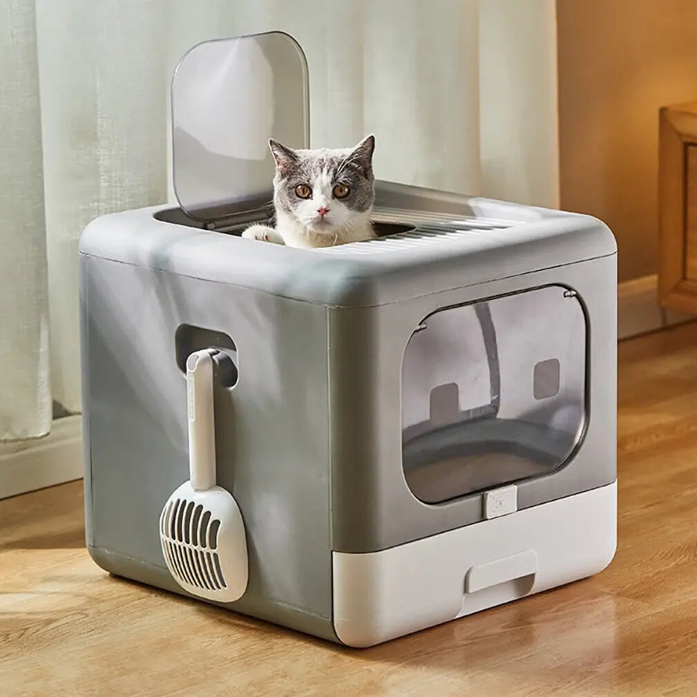 Enclosed Cat Litter Box With Scoop And Foldable Tray
