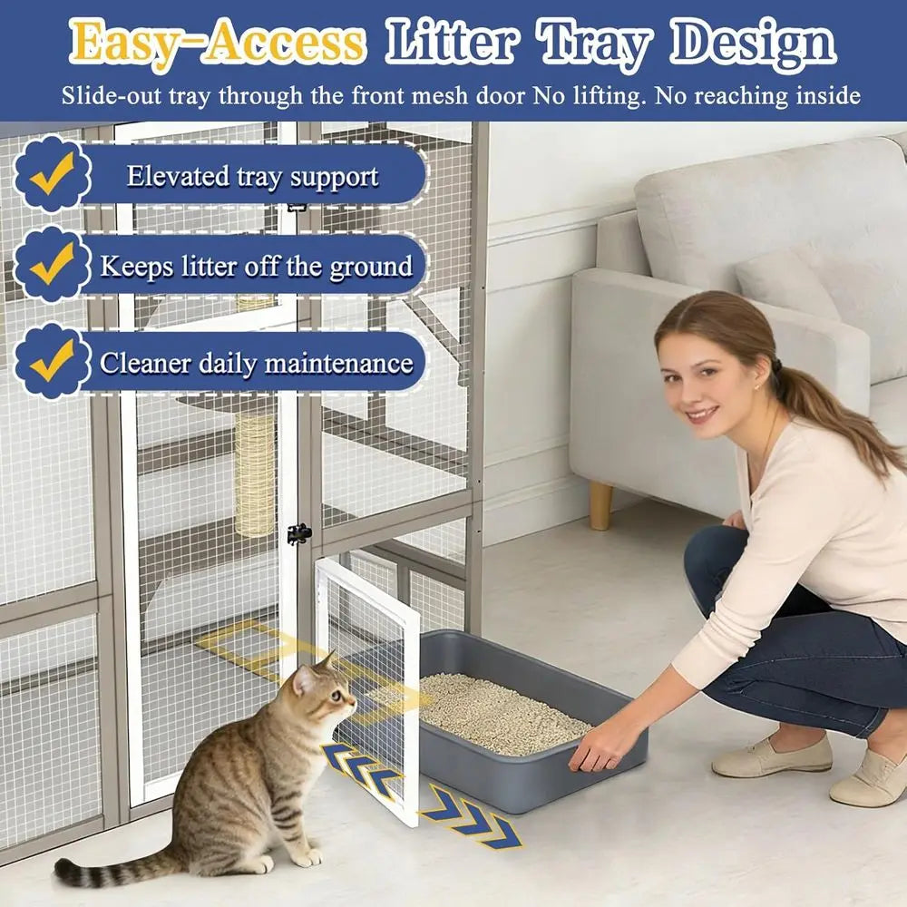 Spacious Outdoor Cat Enclosure With Seven Platforms And Hammock