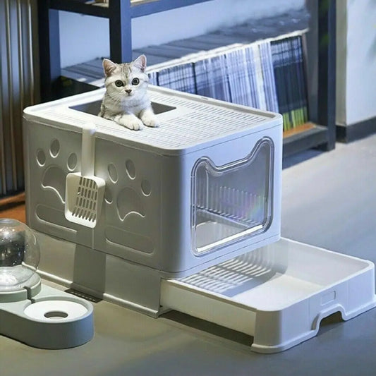 Hooded Cat Litter Box With Scoop And Foldable Drawer