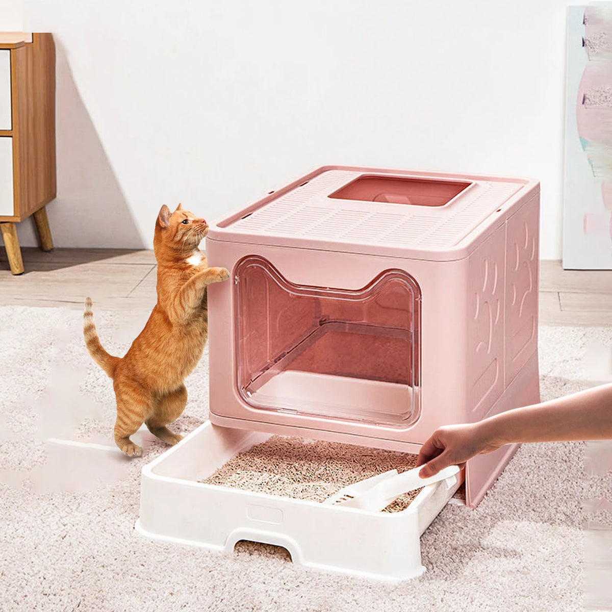 Foldable Enclosed Cat Litter Box With Portable Scoop Drawer