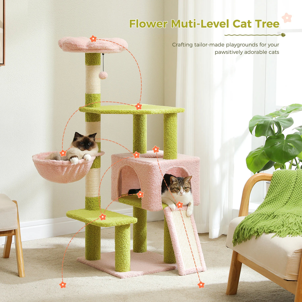 PEQULTI Flower Cat Tree Multi-Level Cat Tower With Scratching Posts
