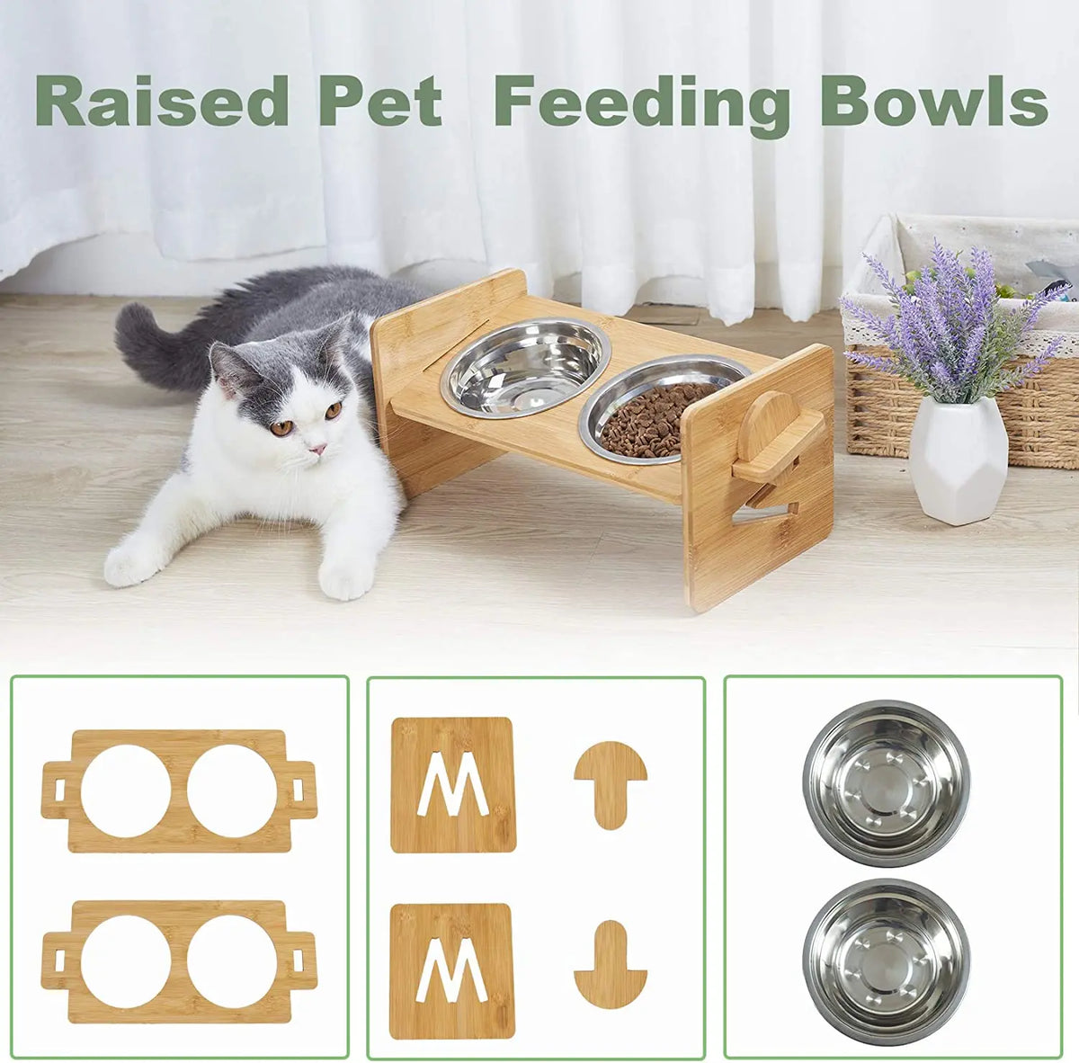 Adjustable Wooden Raised Cat Bowls With Stainless Steel Dishes