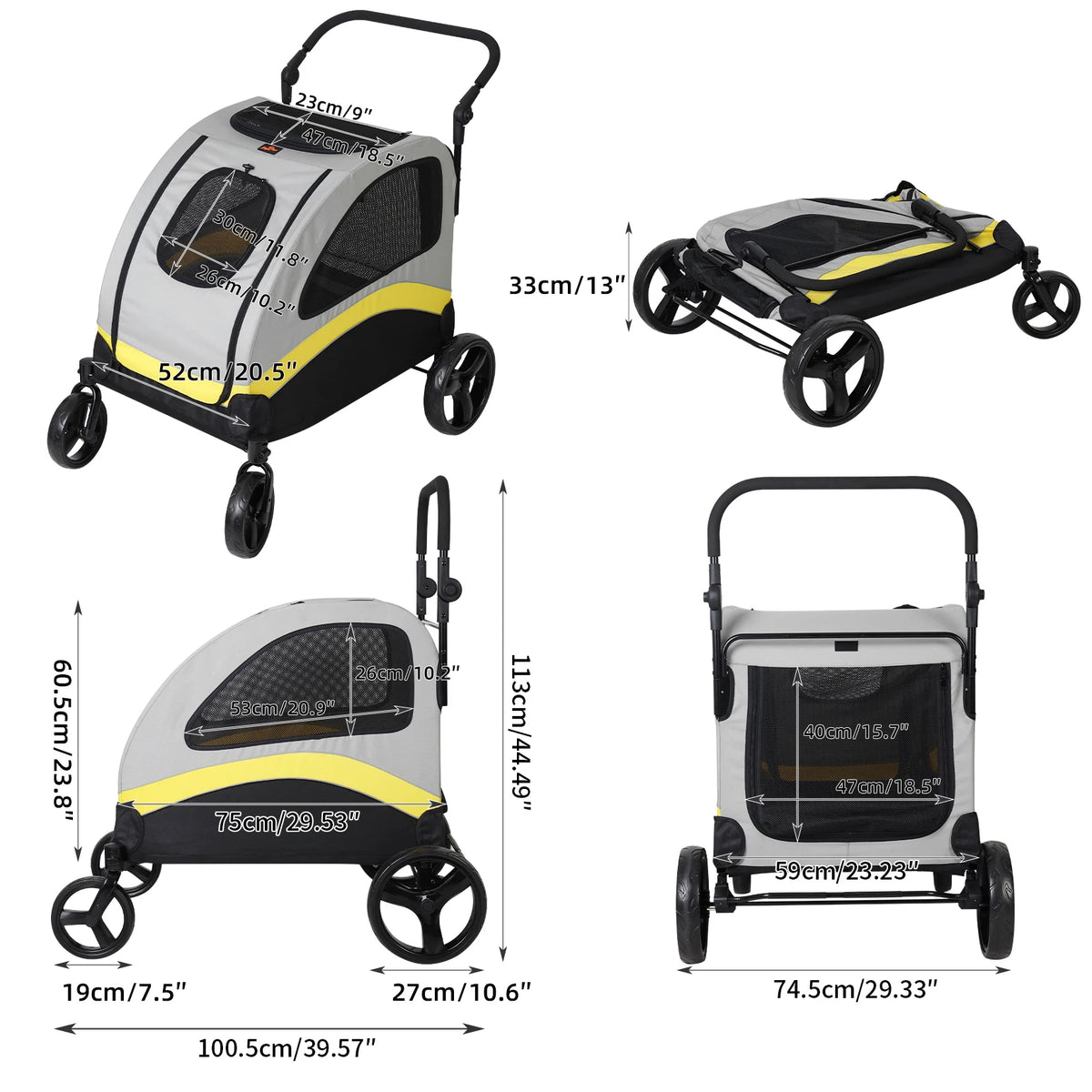 Foldable Four Wheel Pet Stroller Breathable Metal Dog Jogger
