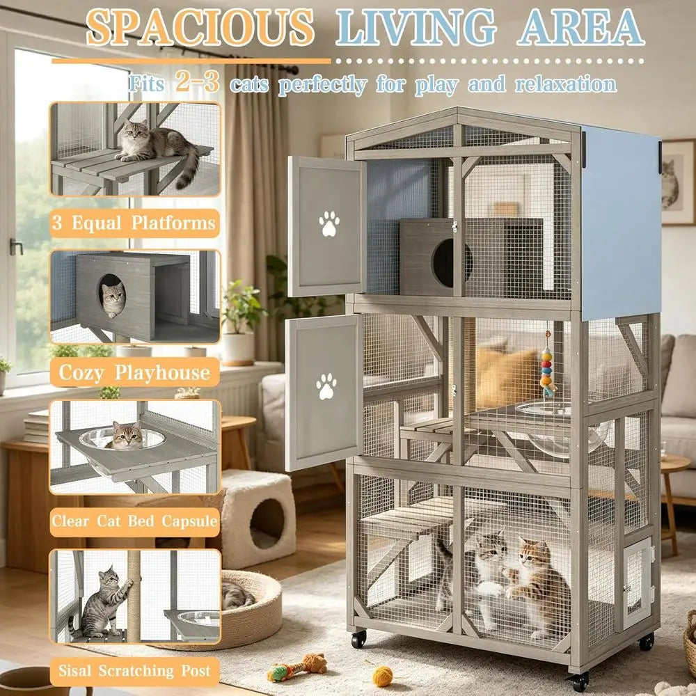 Wooden Outdoor Cat Enclosure With Three Platforms And Weather Resistant Design