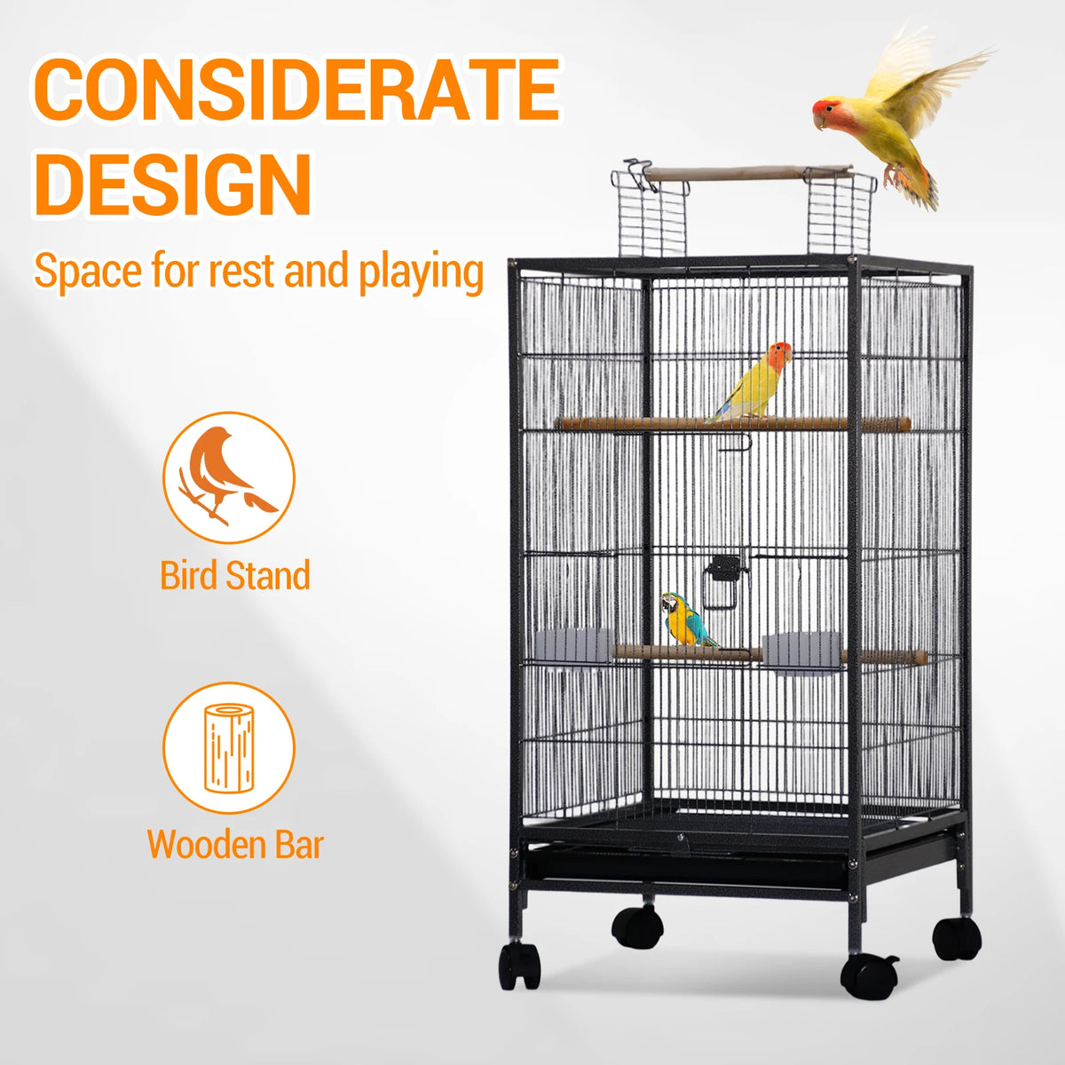 HiMiss Open Top Metal Bird Cage With Wheels And Feeder