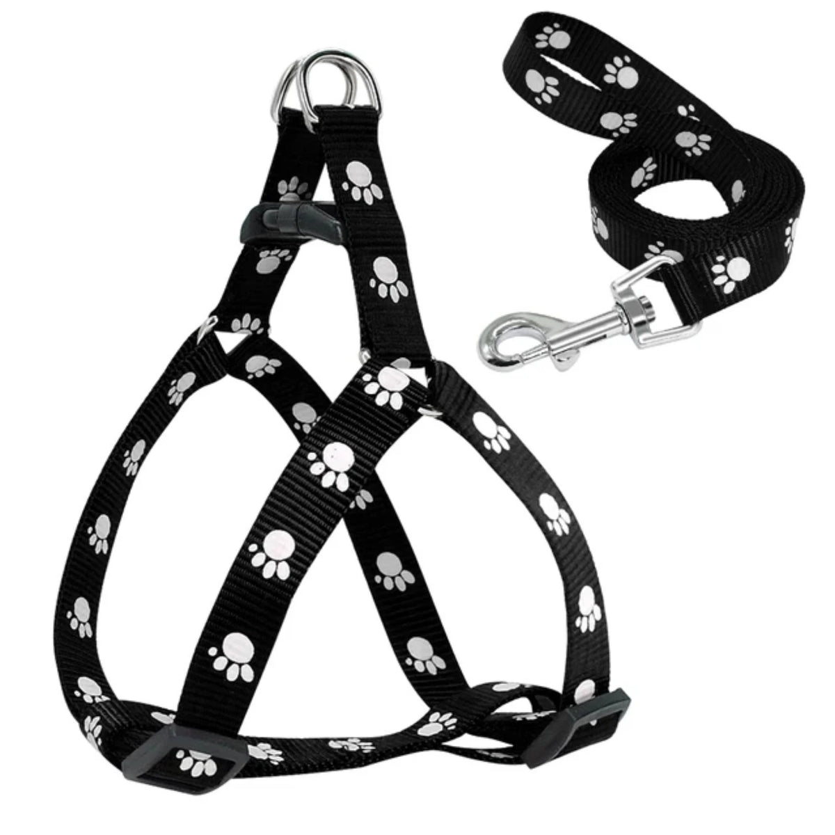 Adjustable Nylon Dog Harness And Leash Set With Paw Print Design