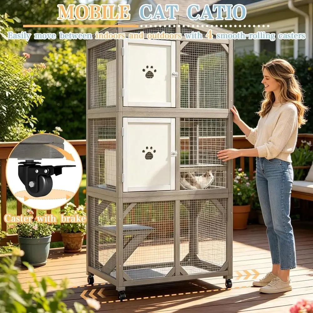 Wooden Outdoor Cat Enclosure With Three Platforms And Weather Resistant Design