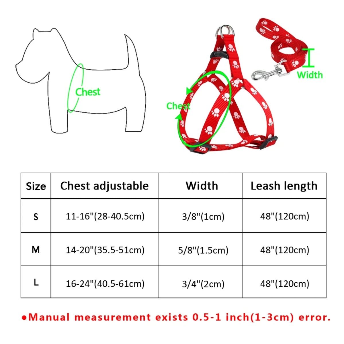 Adjustable Nylon Dog Harness And Leash Set With Paw Print Design