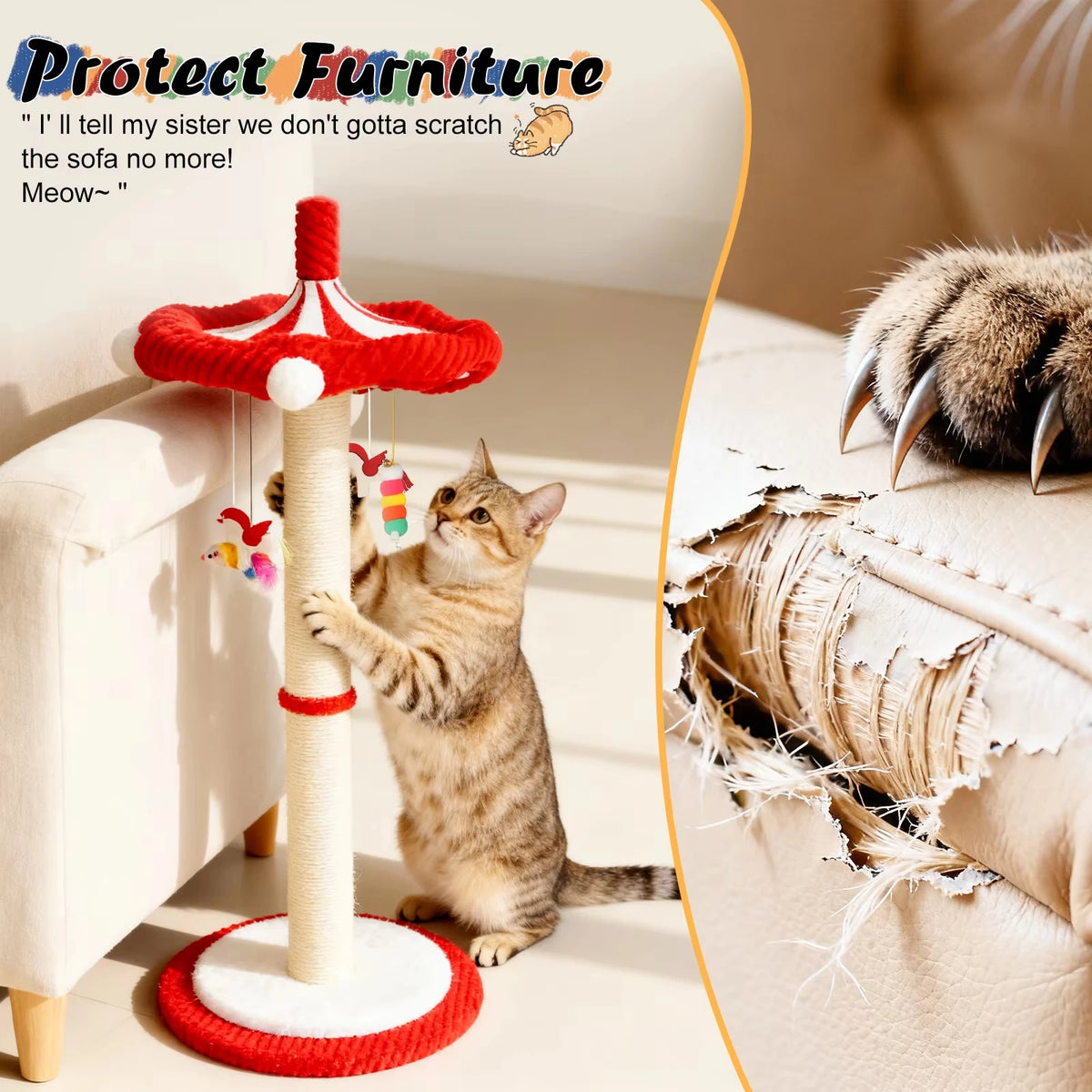 CWV Rotating Interactive Cat Scratching Post Sisal Tree Feather Teaser