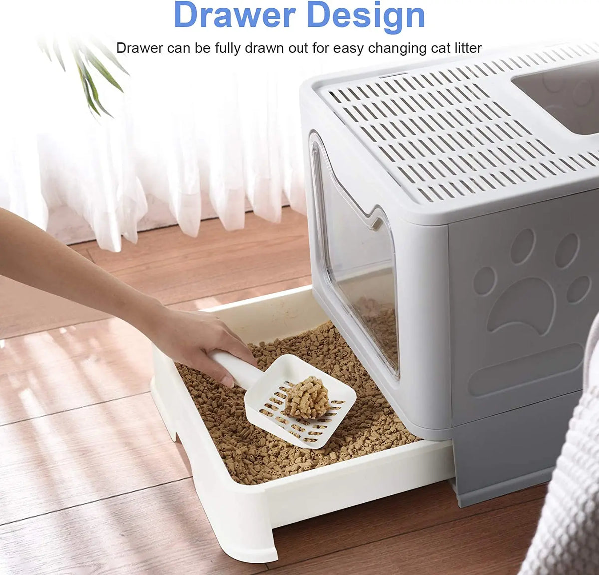 Hooded Cat Litter Box With Scoop And Foldable Drawer